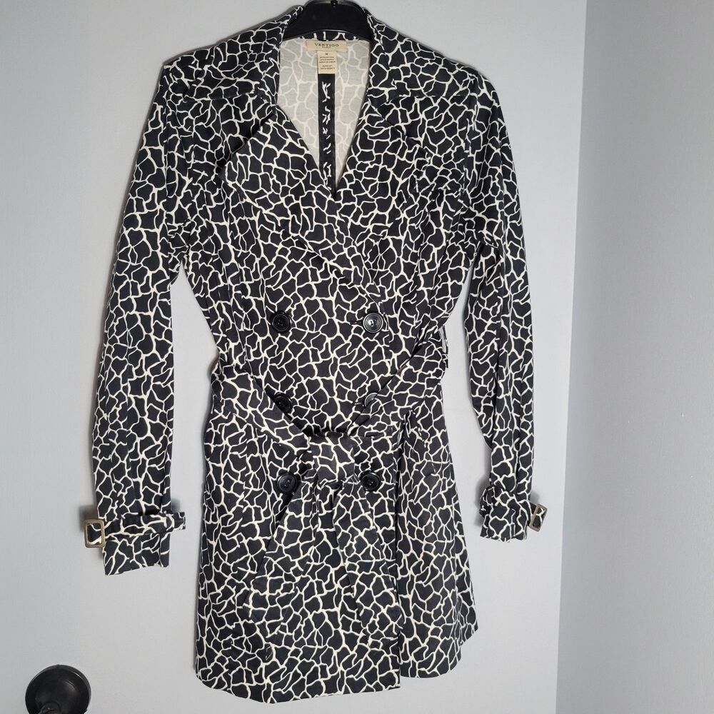 Vertigo Paris Black & White Animal Print Double Breast Belted Trenchcoat Size M
